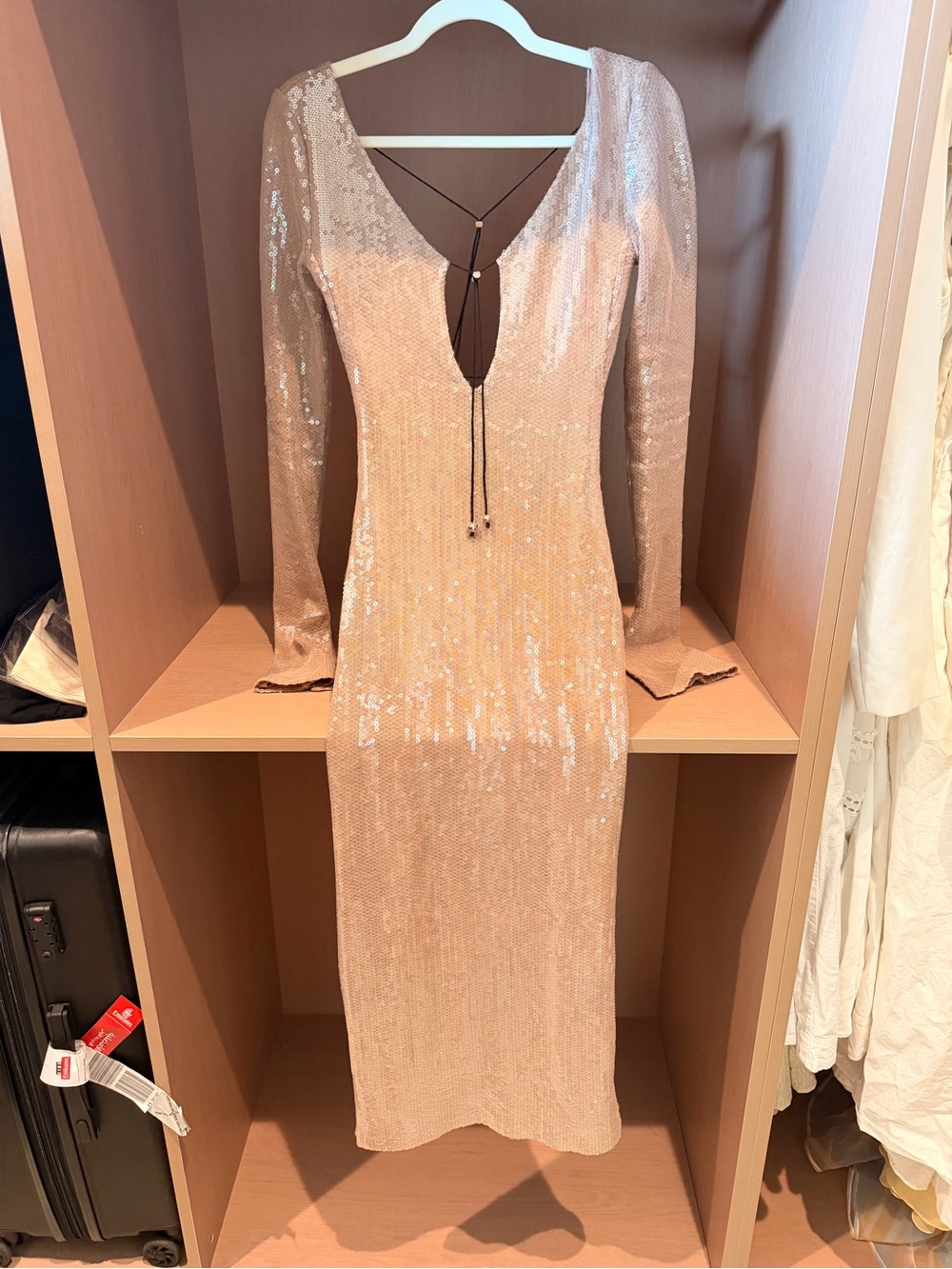 Long Sleeve Sequin Midi Dress in Rose Gold